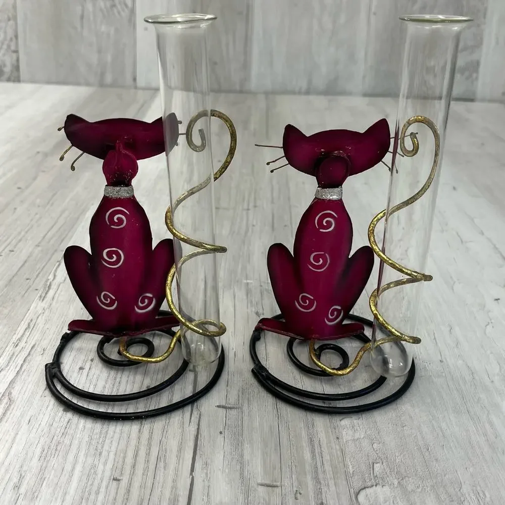 Vintage Metal Glass Whimsical Pink Swirl Cat Test Tube Bud Vase Set
